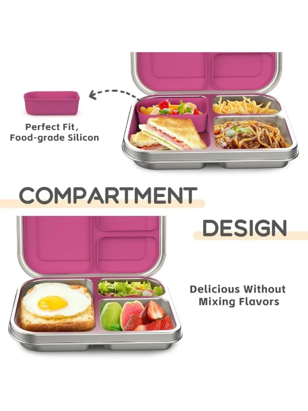 Leak-Resistant Stainless Steel Bento Lunch Box for Kids - 3 Compartments